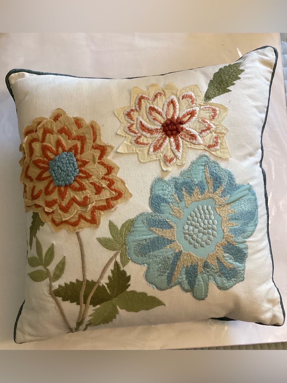 Pier 1 Elegant Ivory Decorative Throw Pillow w/ Embroidered Flowers